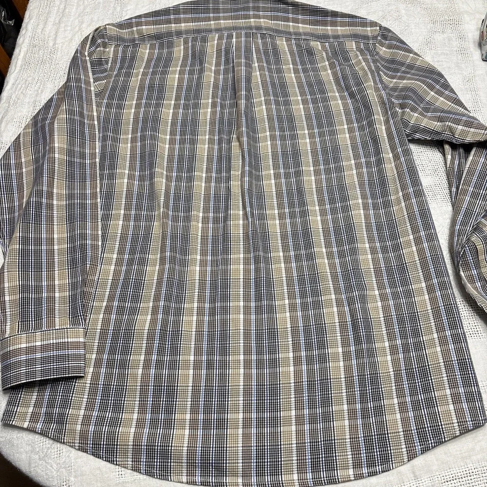 F/X Fusion Shirt Men's‎ Size Medium Plaid Design Blue Brown Tan White Preppy